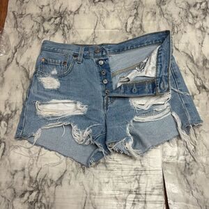 Levi’s button fly high rise vintage 90s Y2K distressed denim jean shorts size 27